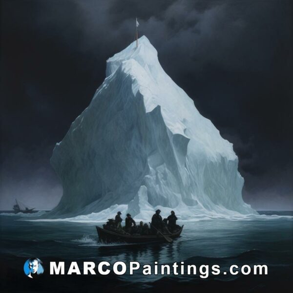 A painting of a large iceberg and some people boating it