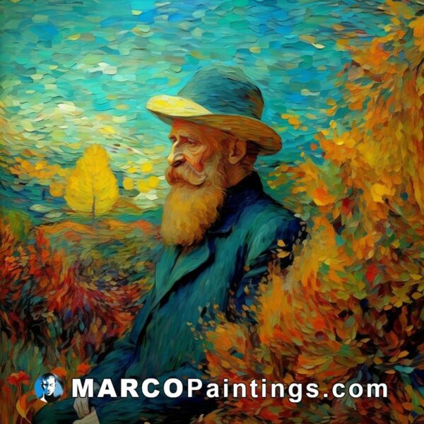 A painting of a large man in a hat and beard sitting in the field