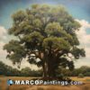 A painting of a large oak tree in the middle of a flat field
