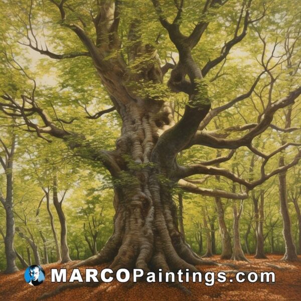 A painting of a large oak tree in the woods