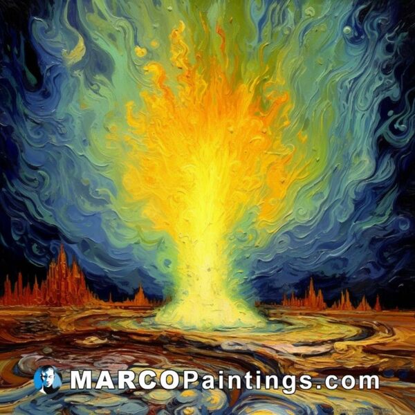 A painting of a large orange orange lava that makes an explosion