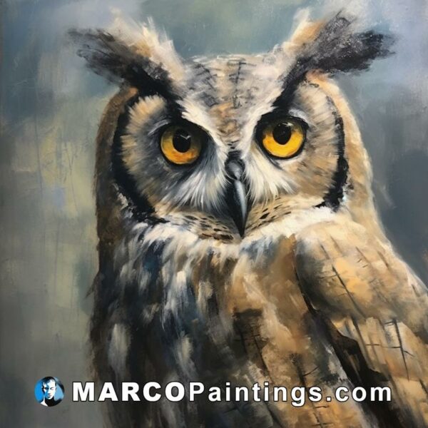 A painting of a large owl with yellow eyes