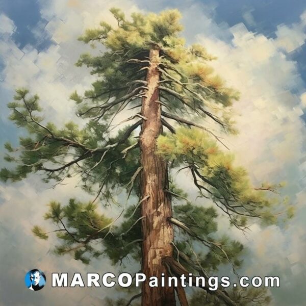 A painting of a large pine tree up in the sky