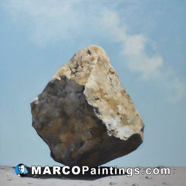 A painting of a large rock in front of a sky