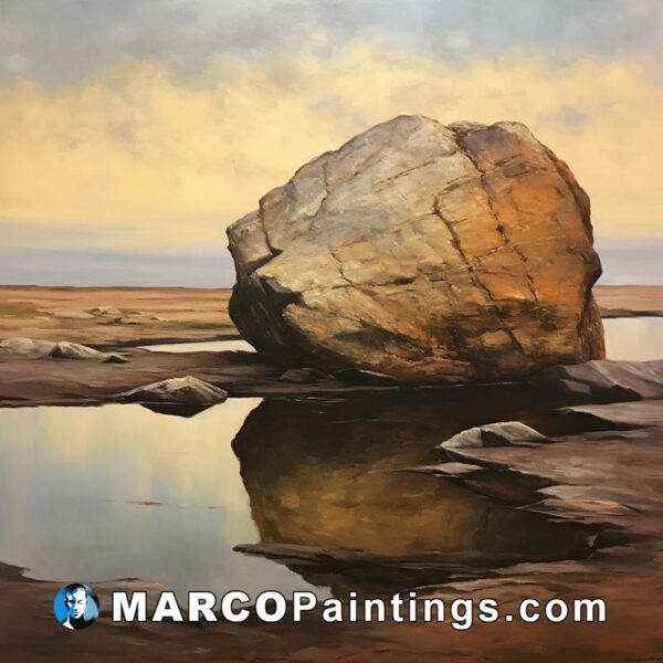 A painting of a large rock in water at sunset