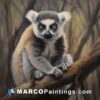 A painting of a lemur sitting on a tree branch