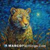 A painting of a leopard in tall grass under the moon