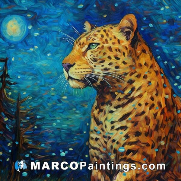 A painting of a leopard with the moon in the background