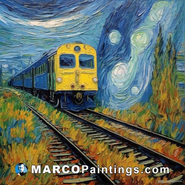 A painting of a light train next to the starry night