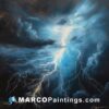 A painting of a lighted sky with lightning strike