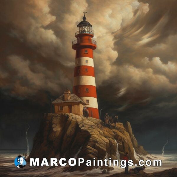 A painting of a lighthouse with lightning
