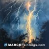 A painting of a lightning bolt over trees