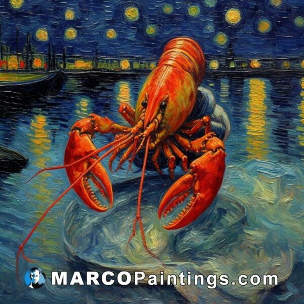 A painting of a lobster in water with a starry sky