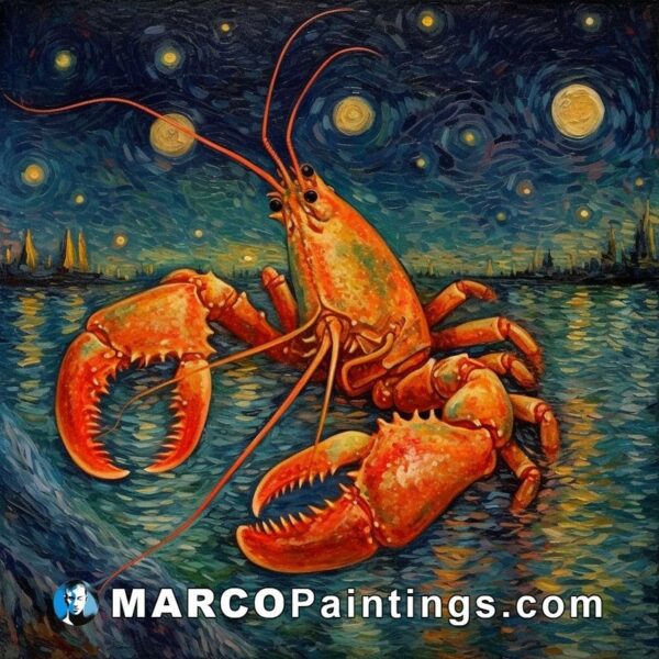 A painting of a lobster on water next to starry sky