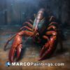 A painting of a lobster standing on the wooden floor