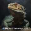 A painting of a longhaired lizard sitting on a dark background