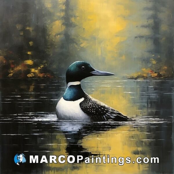 A painting of a loon in a body of water