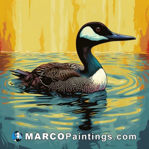 A painting of a loon swimming in salt water