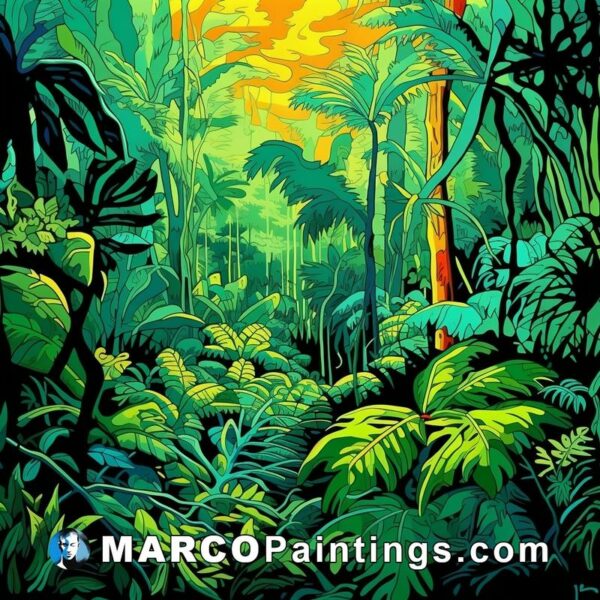 A painting of a lush green jungle scene at sunset