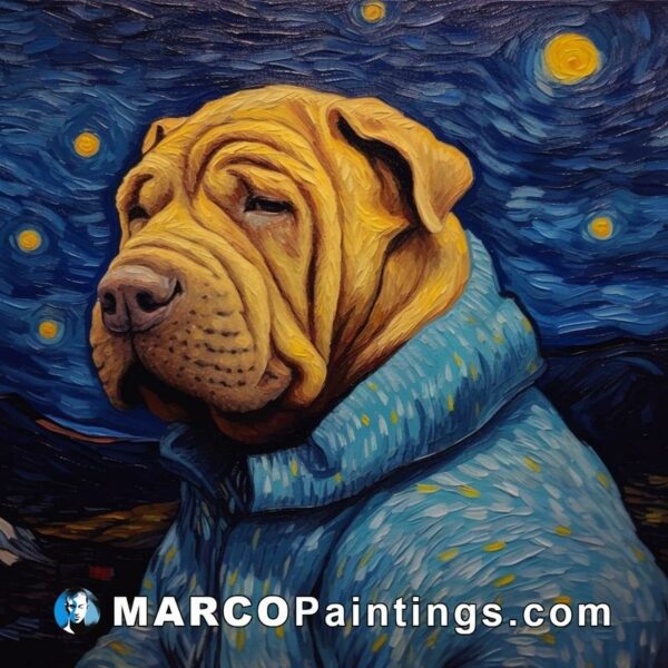 A painting of a male dog wearing a sweater at starry night