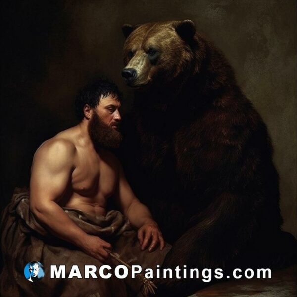 A painting of a man and a bear holding an axe