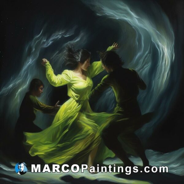 A painting of a man and woman in green dancing