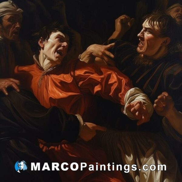 A painting of a man being knocked by others