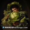 A painting of a man clad in cabbage hat and gloves