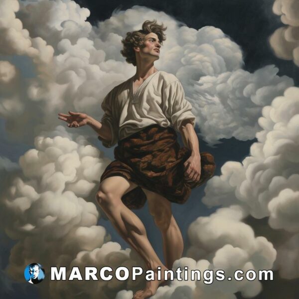 A painting of a man flying over clouds