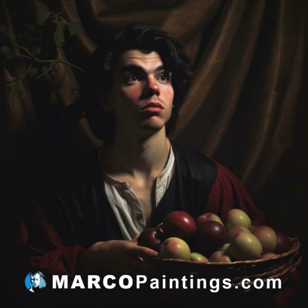 A painting of a man holding a basket of apples