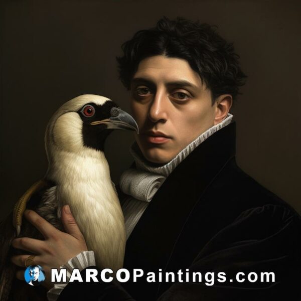 A painting of a man holding a bird