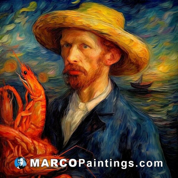 A painting of a man holding a hat holding shrimp with his hand