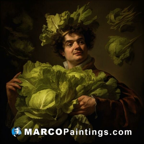 A painting of a man holding a head of cabbage