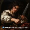 A painting of a man holding a knife