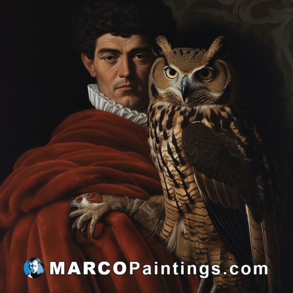 A painting of a man holding an owl and wearing a black robe