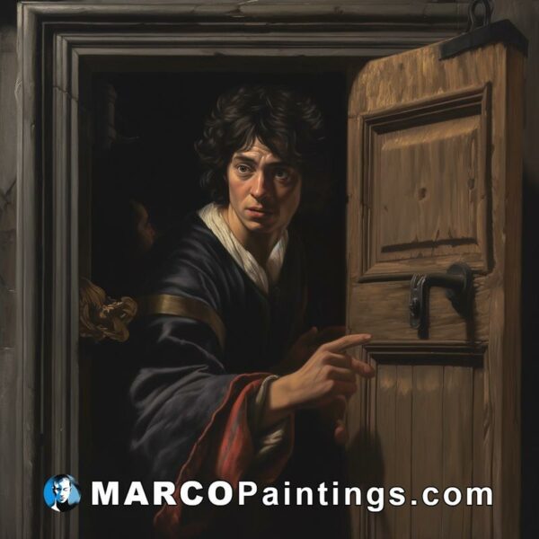 A painting of a man holding his hand out of a door