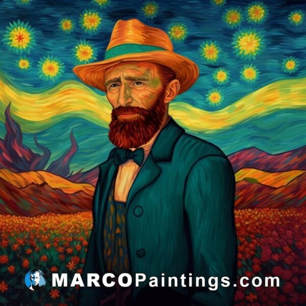 A painting of a man in a hat standing next to a flower field