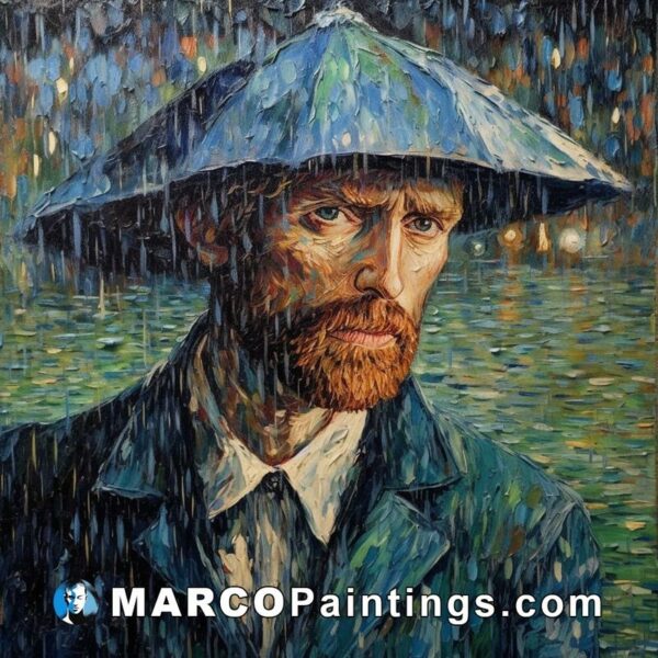 A painting of a man in a hat with rain on his face
