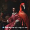 A painting of a man in a red gown looking at his flamingo