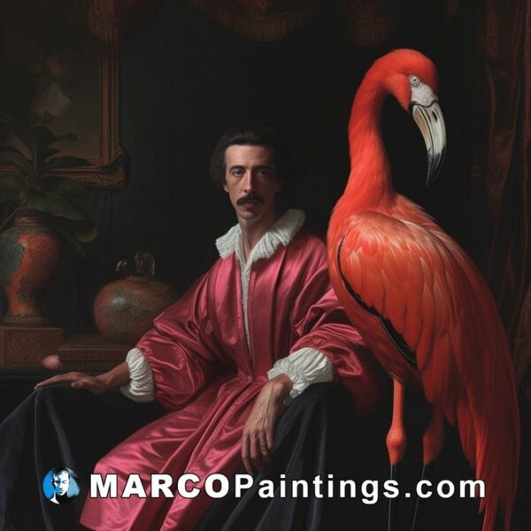 A painting of a man in a red gown looking at his flamingo