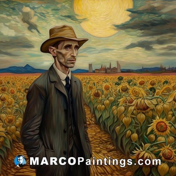 A painting of a man in a sunflower field