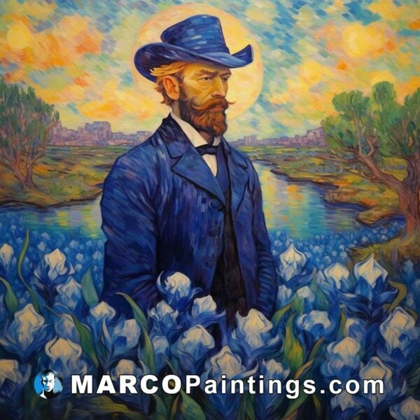 A painting of a man in blue holding tulips