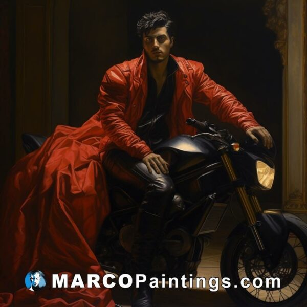 A painting of a man in red sitting on a motorcycle