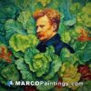 A painting of a man is seen in the middle of lettuce leaves