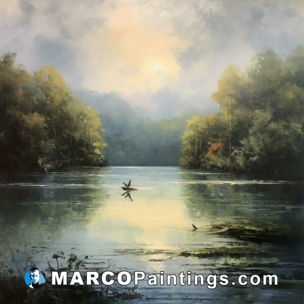 A painting of a man kayaking on a water