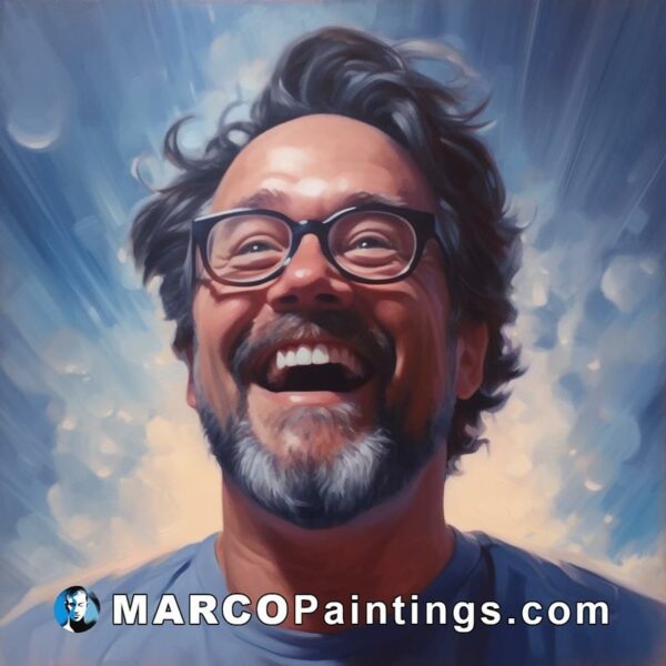 A painting of a man laughing in the sky