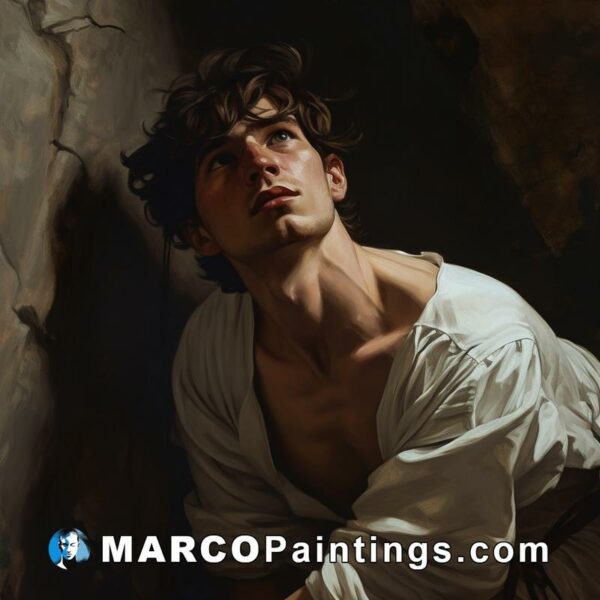 A painting of a man leaning out of a cave