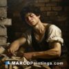A painting of a man making wood