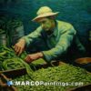 A painting of a man preparing the peas