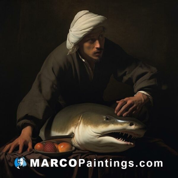 A painting of a man resting next to a shark